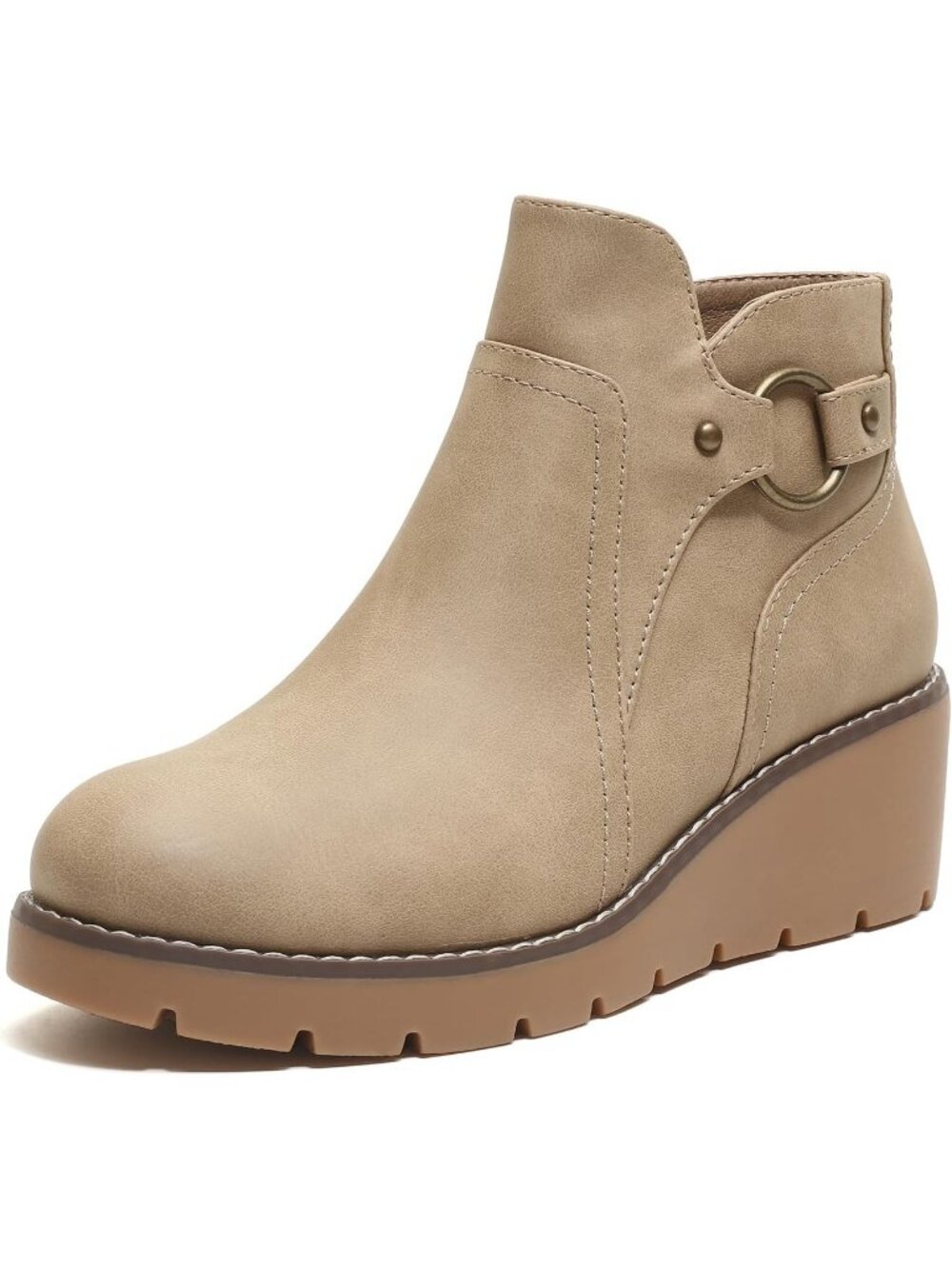 Women's Khaki Wedge Ankle Boots Chunky Low Heel Fall Short Booties Side Zipper